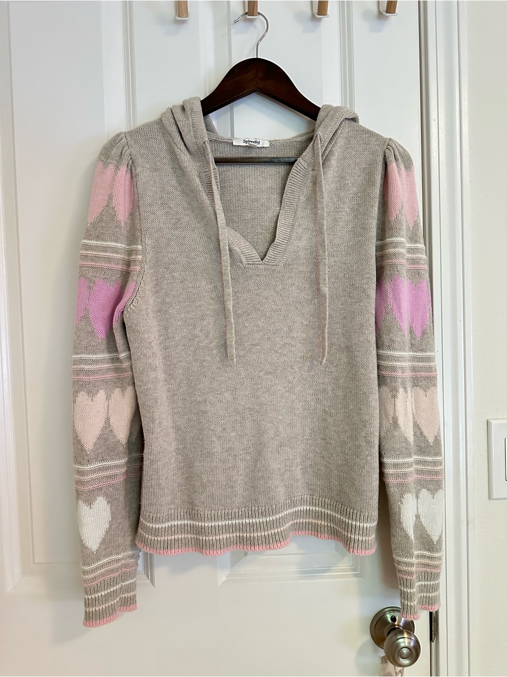Splendid "Belle" Hooded Sweater with Pink Hearts, M